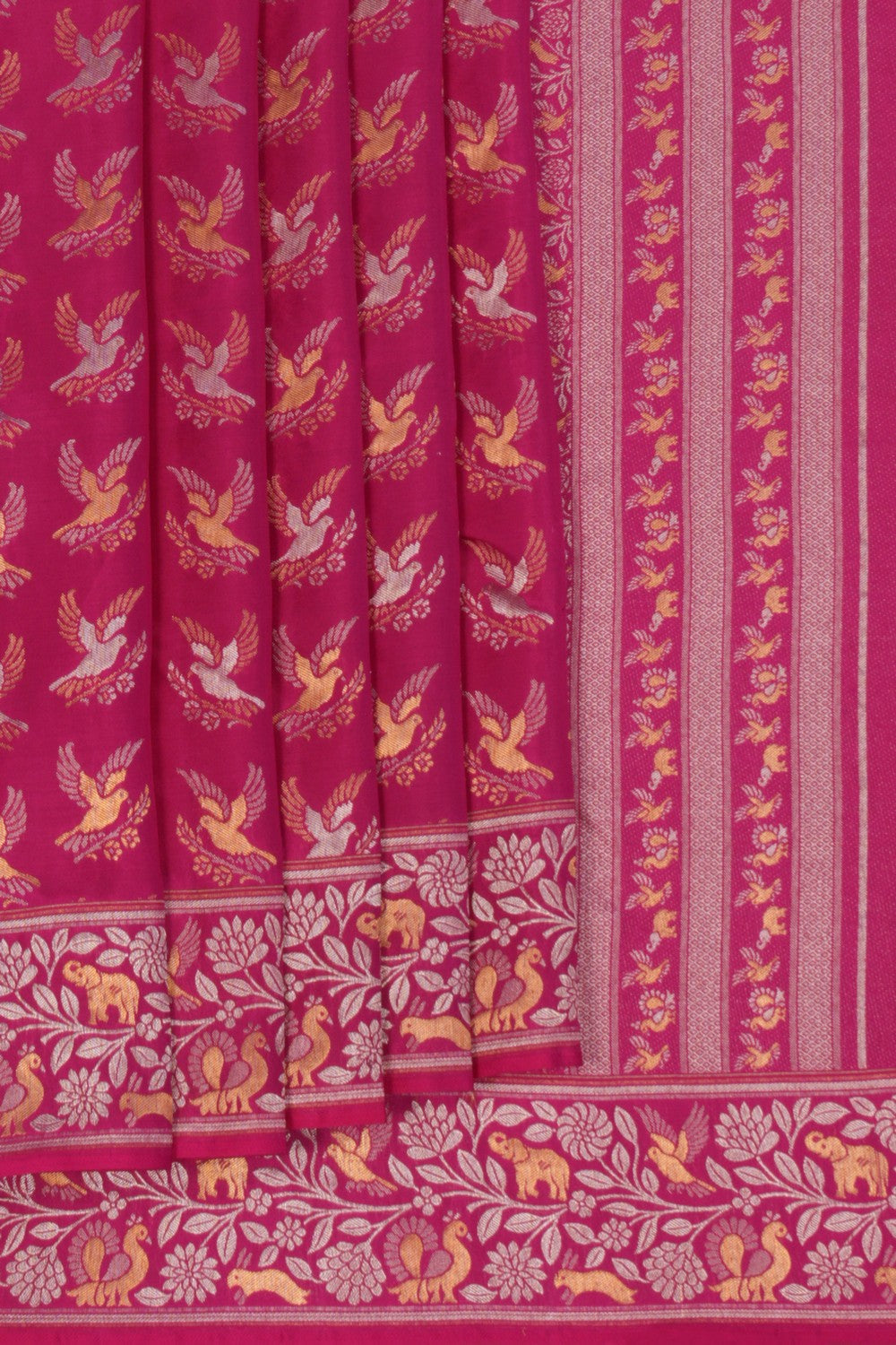 Image of Bird Perched Brocade Pink Kanchipattu Saree
